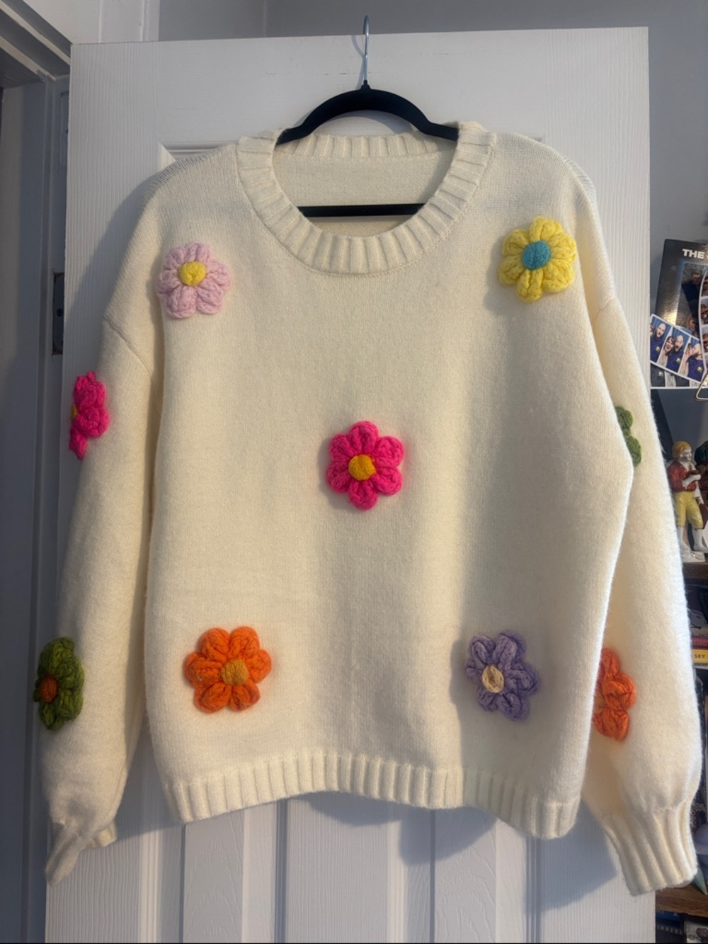 Cream Floral Applique Sweater - Women's Lightweight Knit